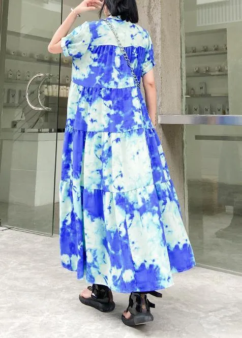 100% blue print cotton tunics for women stand collar patchwork Plus Size Dresses