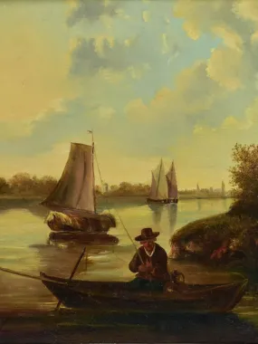 19th Century Dutch painting with sailboats. Oil on wood 23¾" x 20½"