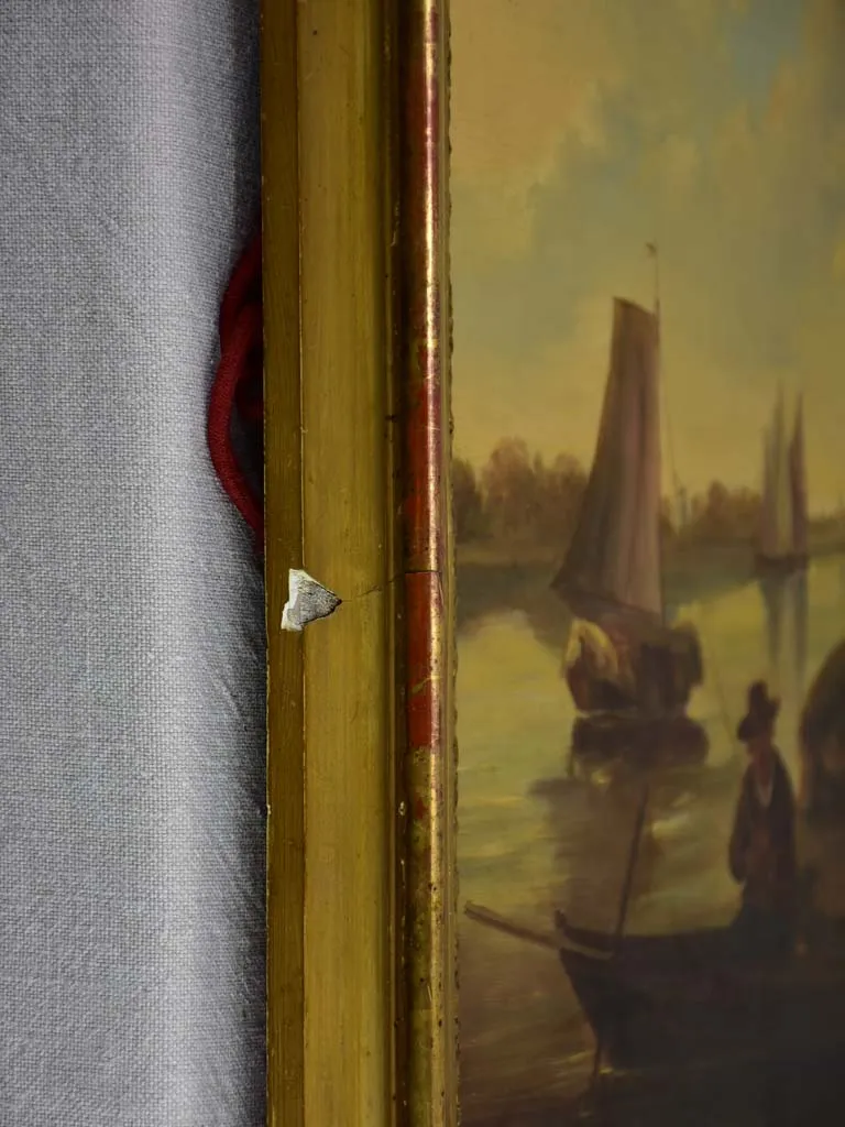 19th Century Dutch painting with sailboats. Oil on wood 23¾" x 20½"