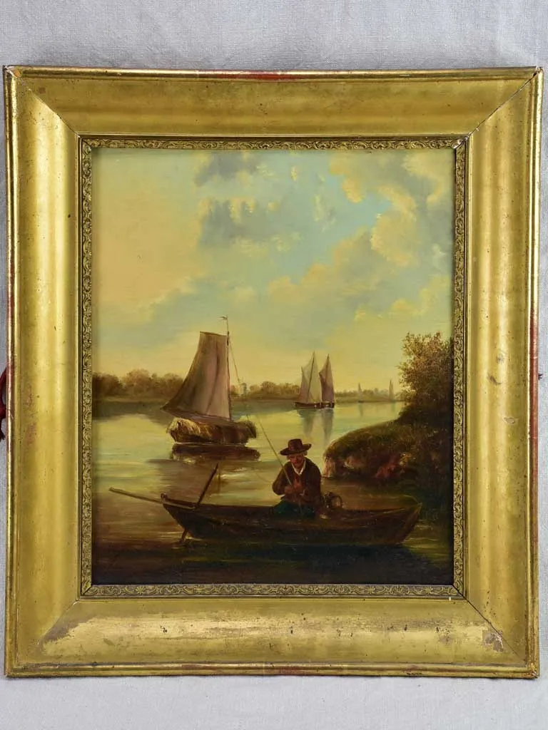 19th Century Dutch painting with sailboats. Oil on wood 23¾" x 20½"