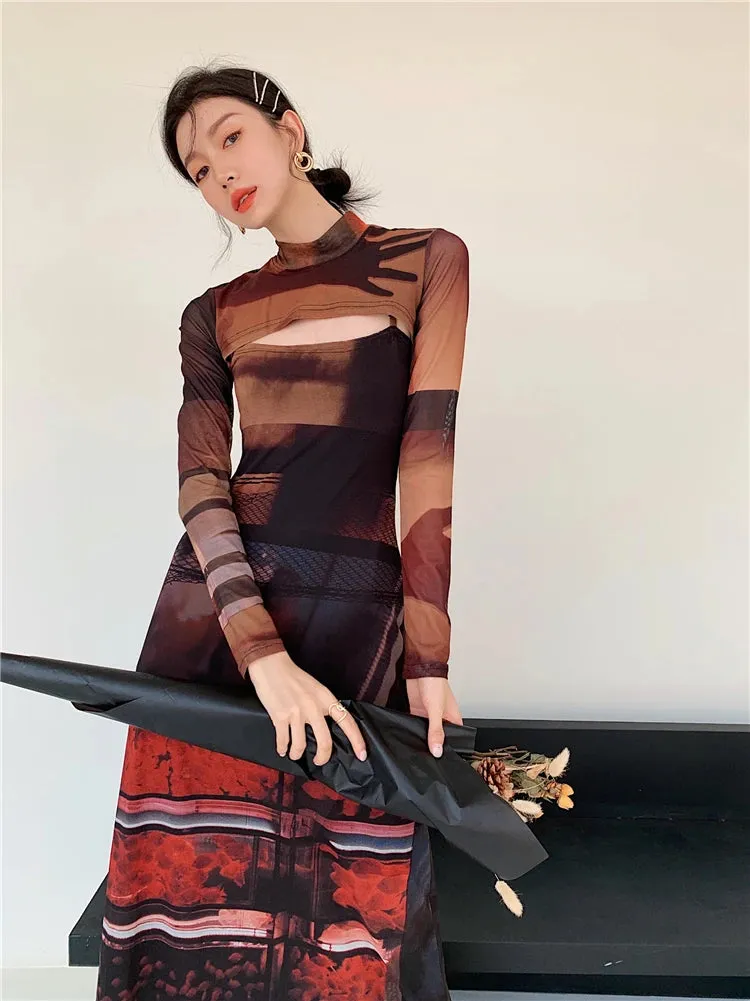 2 Piece Punk Mesh Turtleneck Long Sleeve Long Dress