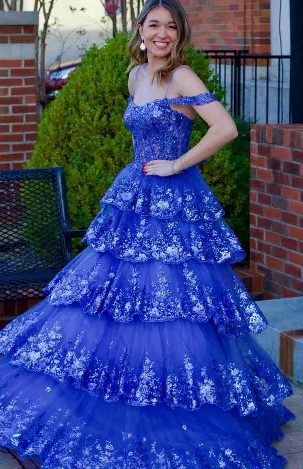 A-Line Cold Shoulder Light Blue Sequin Ruffle Tiered Prom Dress PC1307