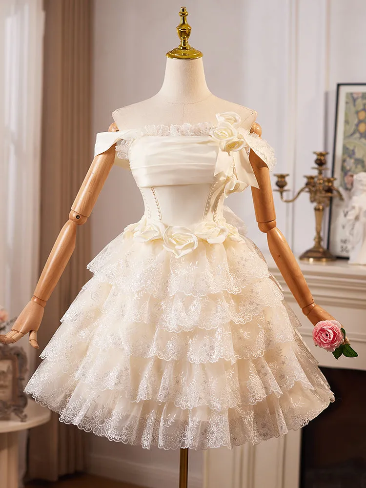 A-Line Off Shoulder Tulle Lace Short Champagne Prom Dress, Cute Homecoming Dress