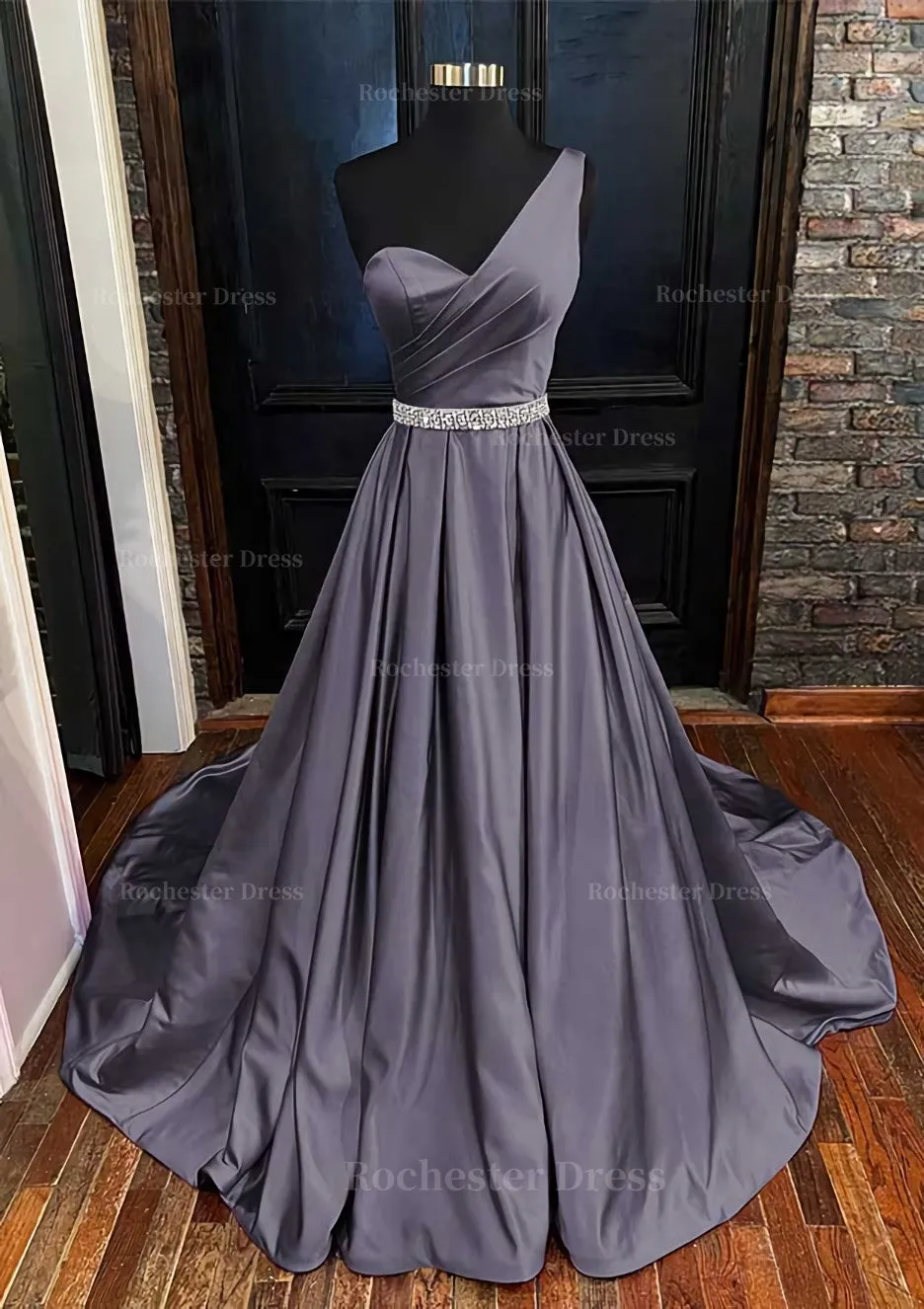 A-line One-Shoulder Sleeveless Satin Long/Floor-Length Prom Dress With Beading Pleated