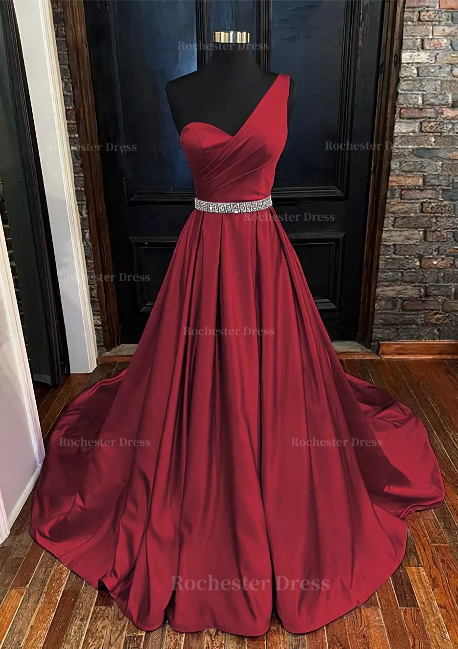 A-line One-Shoulder Sleeveless Satin Long/Floor-Length Prom Dress With Beading Pleated