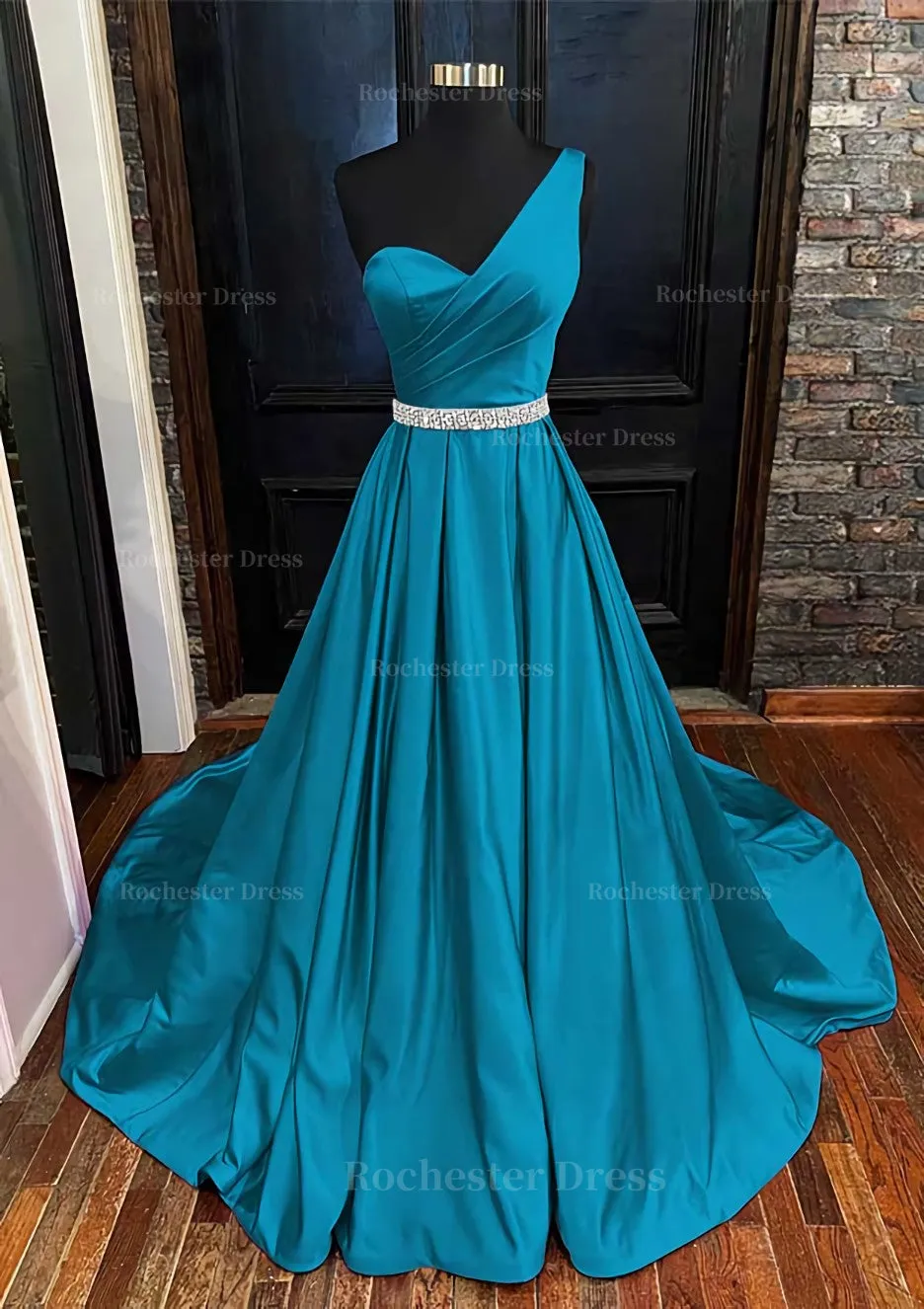 A-line One-Shoulder Sleeveless Satin Long/Floor-Length Prom Dress With Beading Pleated