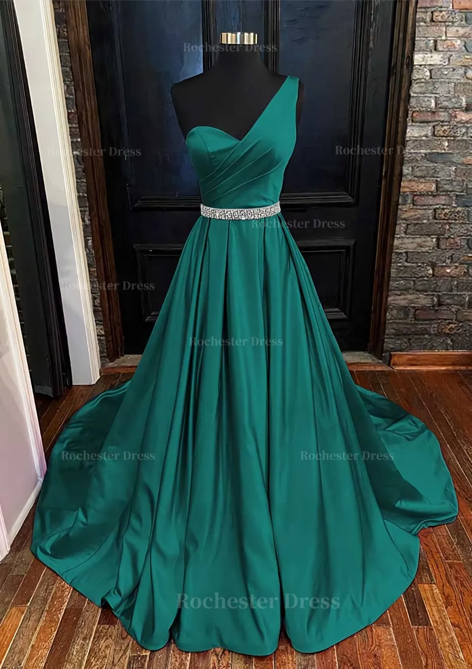 A-line One-Shoulder Sleeveless Satin Long/Floor-Length Prom Dress With Beading Pleated