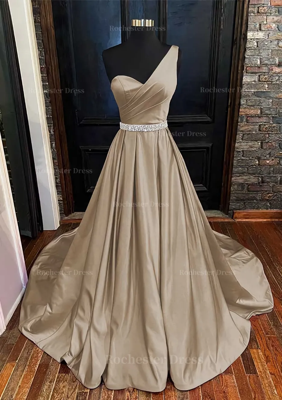 A-line One-Shoulder Sleeveless Satin Long/Floor-Length Prom Dress With Beading Pleated