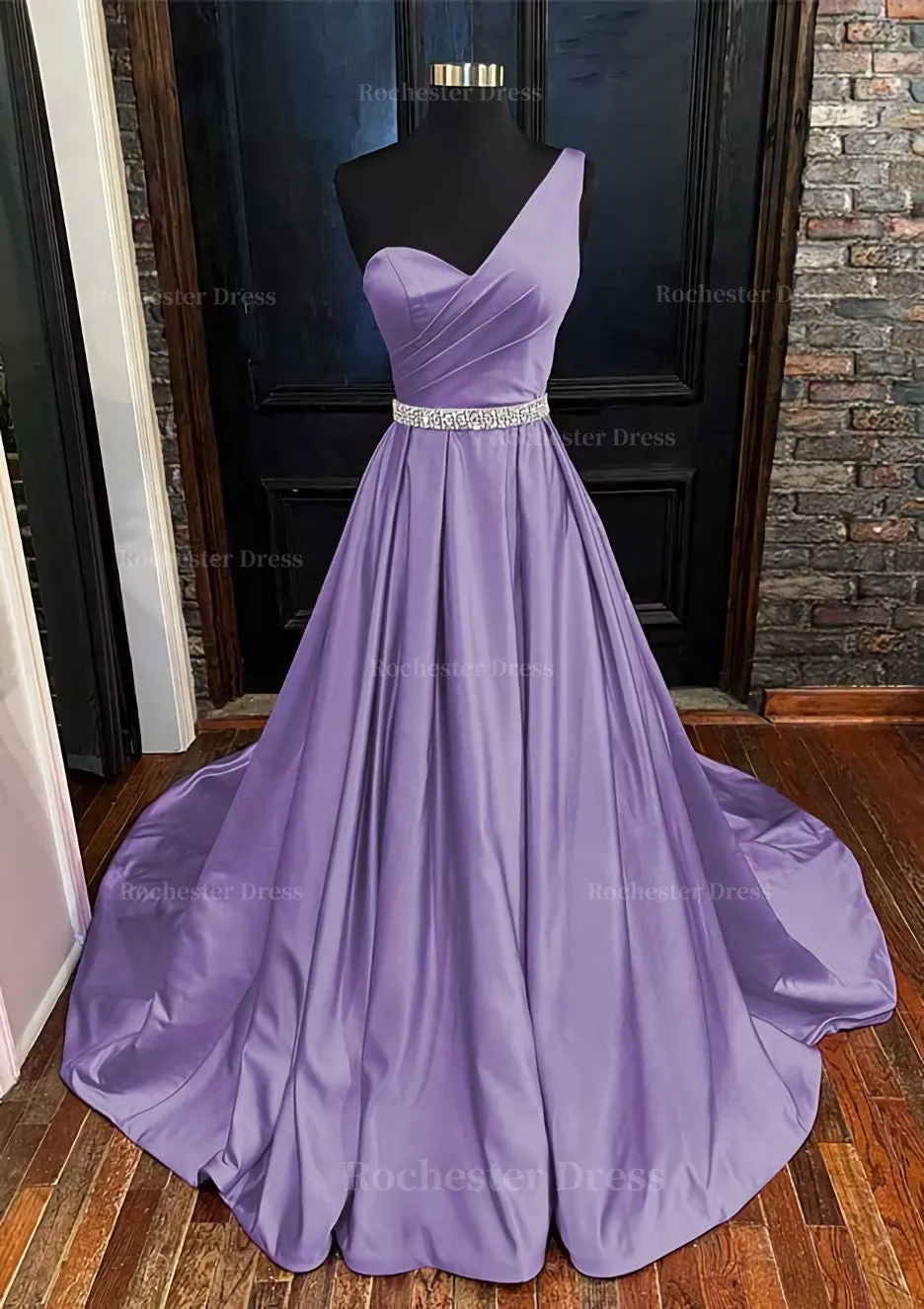 A-line One-Shoulder Sleeveless Satin Long/Floor-Length Prom Dress With Beading Pleated