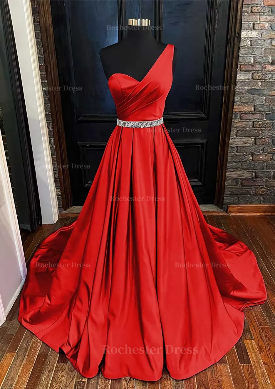 A-line One-Shoulder Sleeveless Satin Long/Floor-Length Prom Dress With Beading Pleated