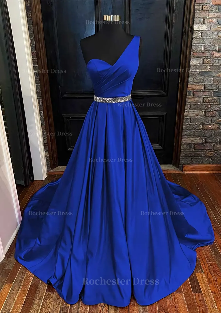 A-line One-Shoulder Sleeveless Satin Long/Floor-Length Prom Dress With Beading Pleated