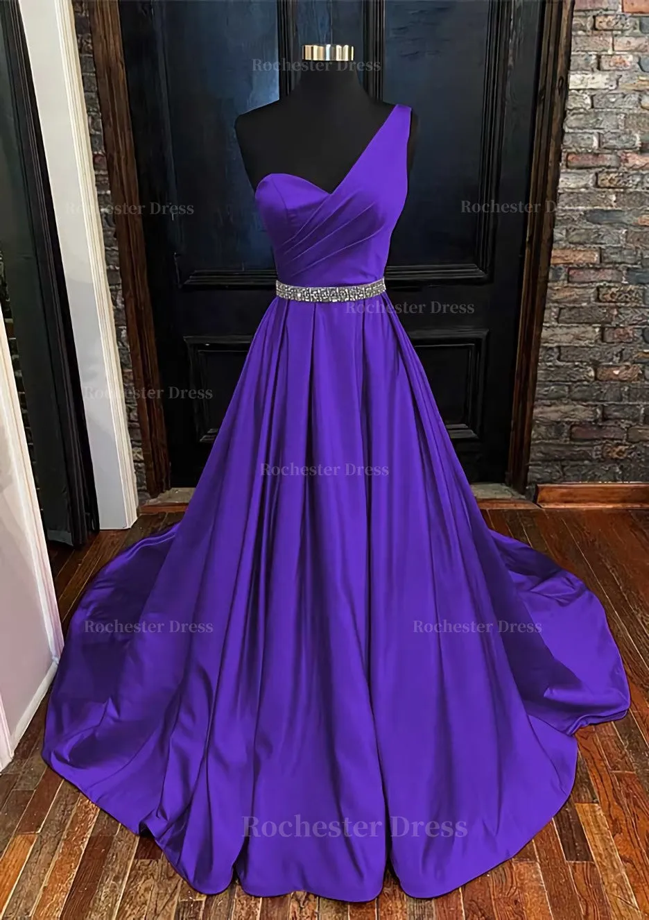 A-line One-Shoulder Sleeveless Satin Long/Floor-Length Prom Dress With Beading Pleated