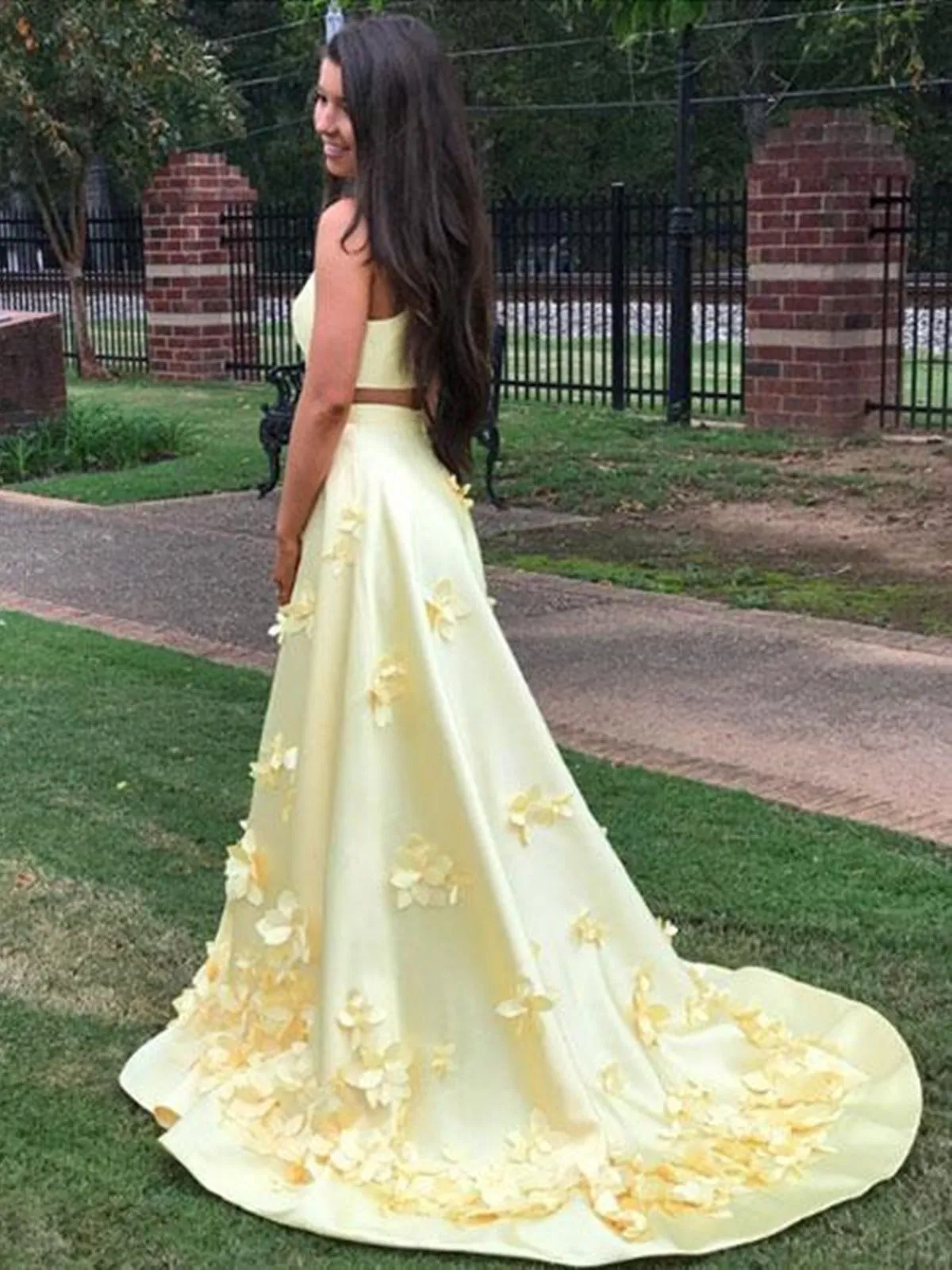 A Line Round Neck Yellow Floral Long Prom, 3D Flowers Yellow Formal Evening