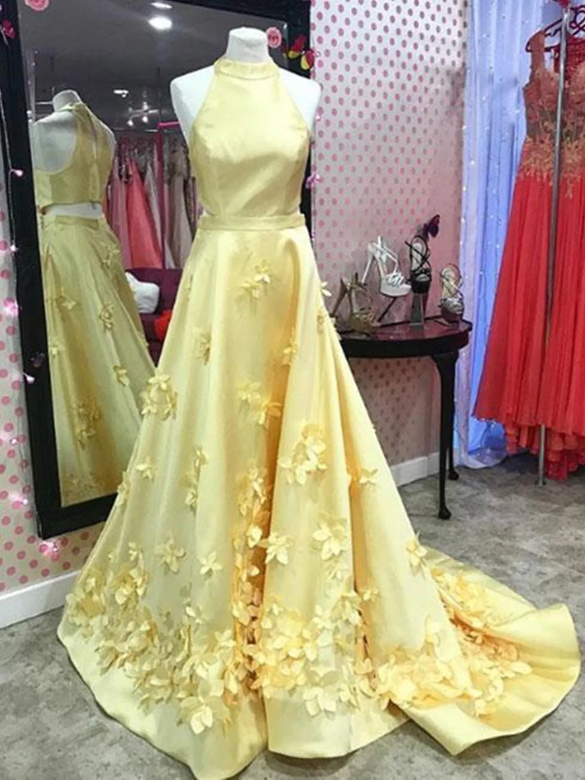 A Line Round Neck Yellow Floral Long Prom, 3D Flowers Yellow Formal Evening