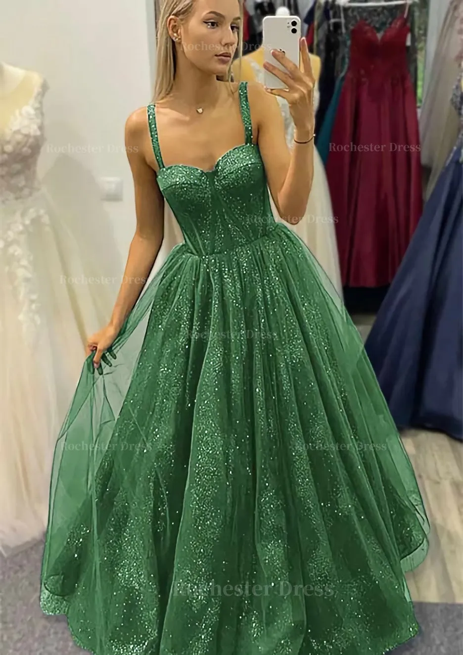 A-line Sweetheart Spaghetti Straps Long/Floor-Length Tulle Glitter Prom Dress