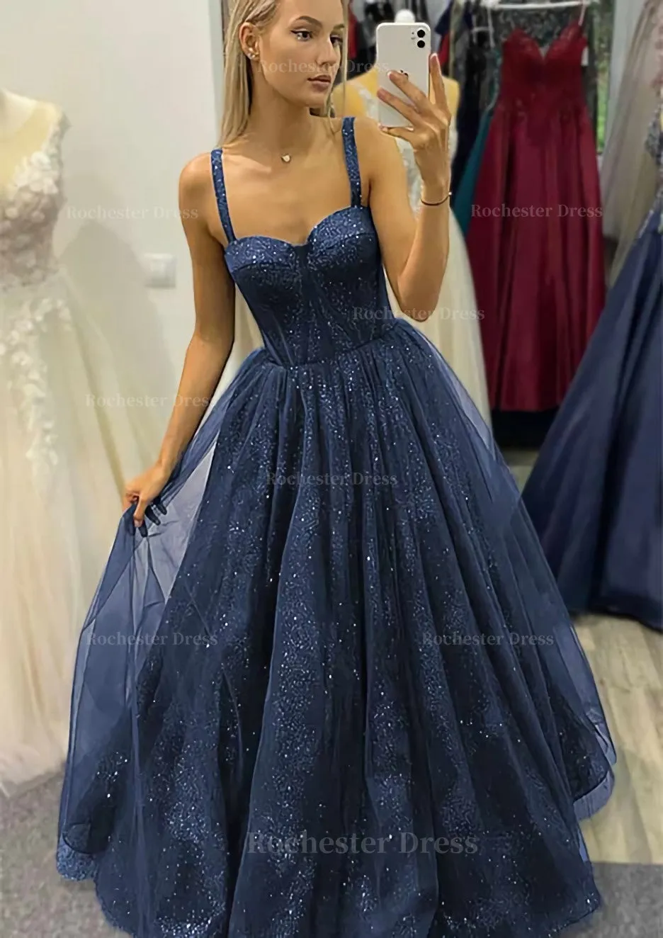 A-line Sweetheart Spaghetti Straps Long/Floor-Length Tulle Glitter Prom Dress