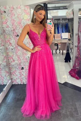 A Line V Neck Beaded Hot Pink Tulle Long Prom Dress, V Neck Hot Pink Formal Graduation Evening Dress A1962