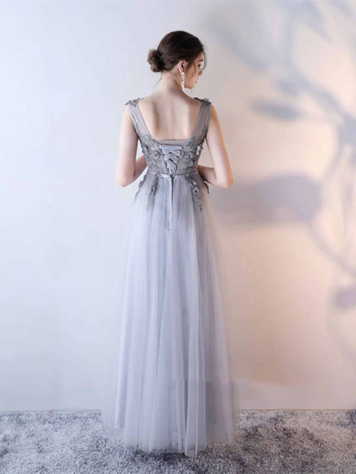 A Line V Neck Lace Grey Prom Dress, Grey Lace Prom Gown, Lace Evening Dress