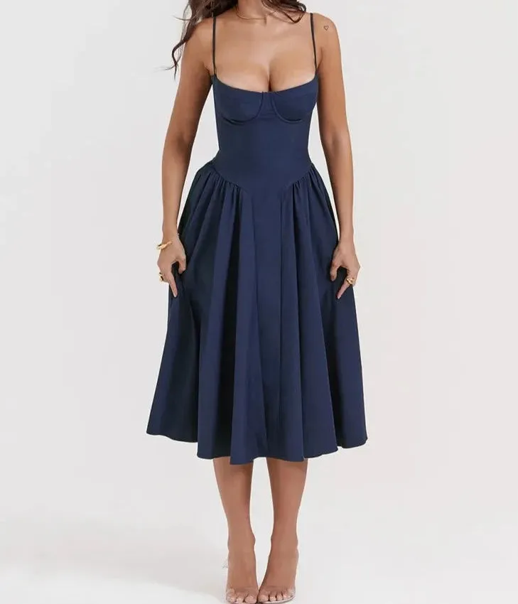 A&A Spaghetti Strap Vintage Sleeveless A-line Midi Dress