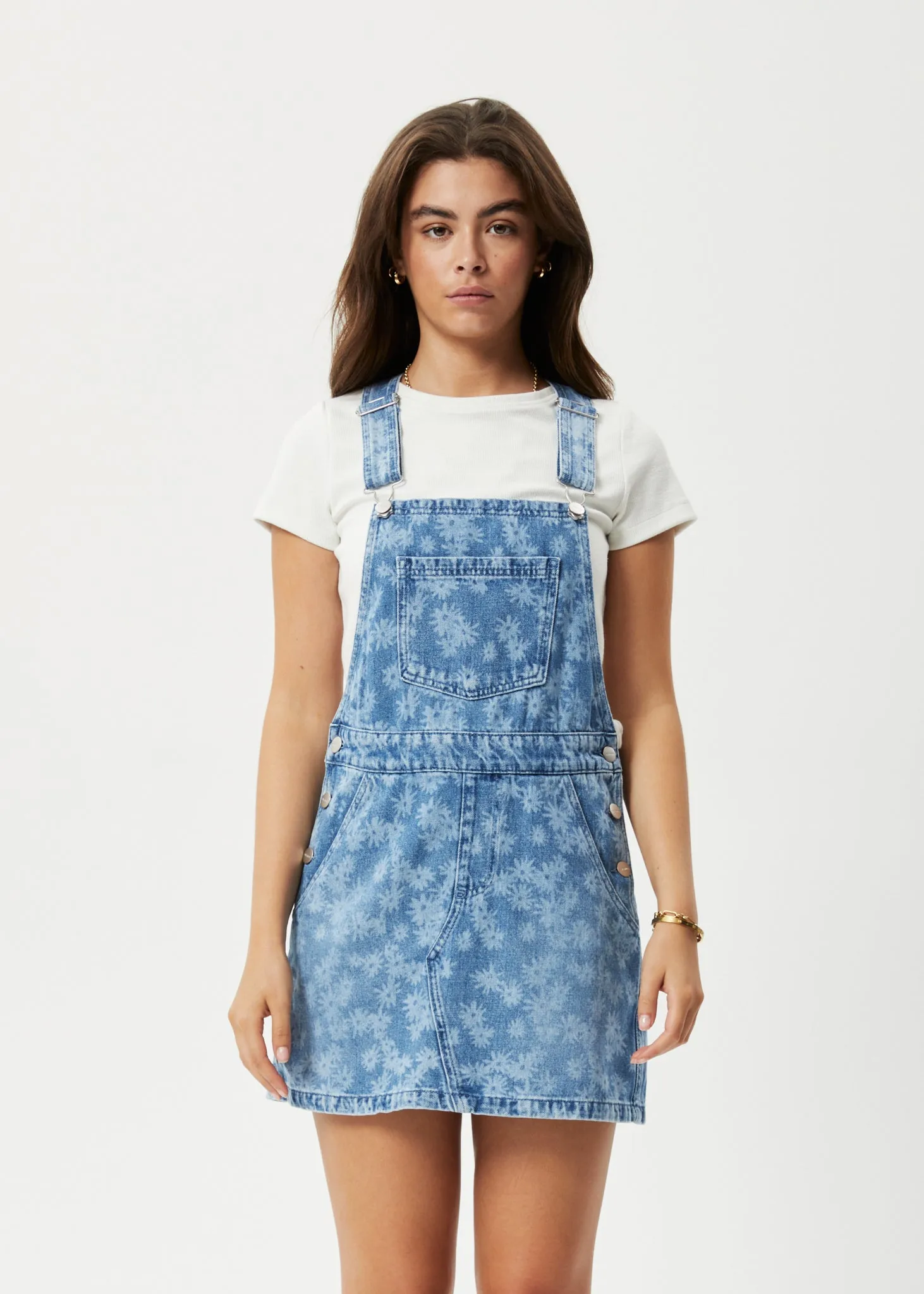 AFENDS Womens Fink - Denim Overall Dress - Worn Blue Daisy