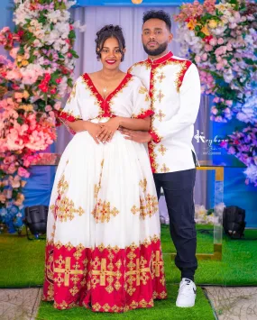 Alluring Red Traditional Ethiopian Couples Outfit: with Golden Handstitched Matching Habesha Couples Outfit