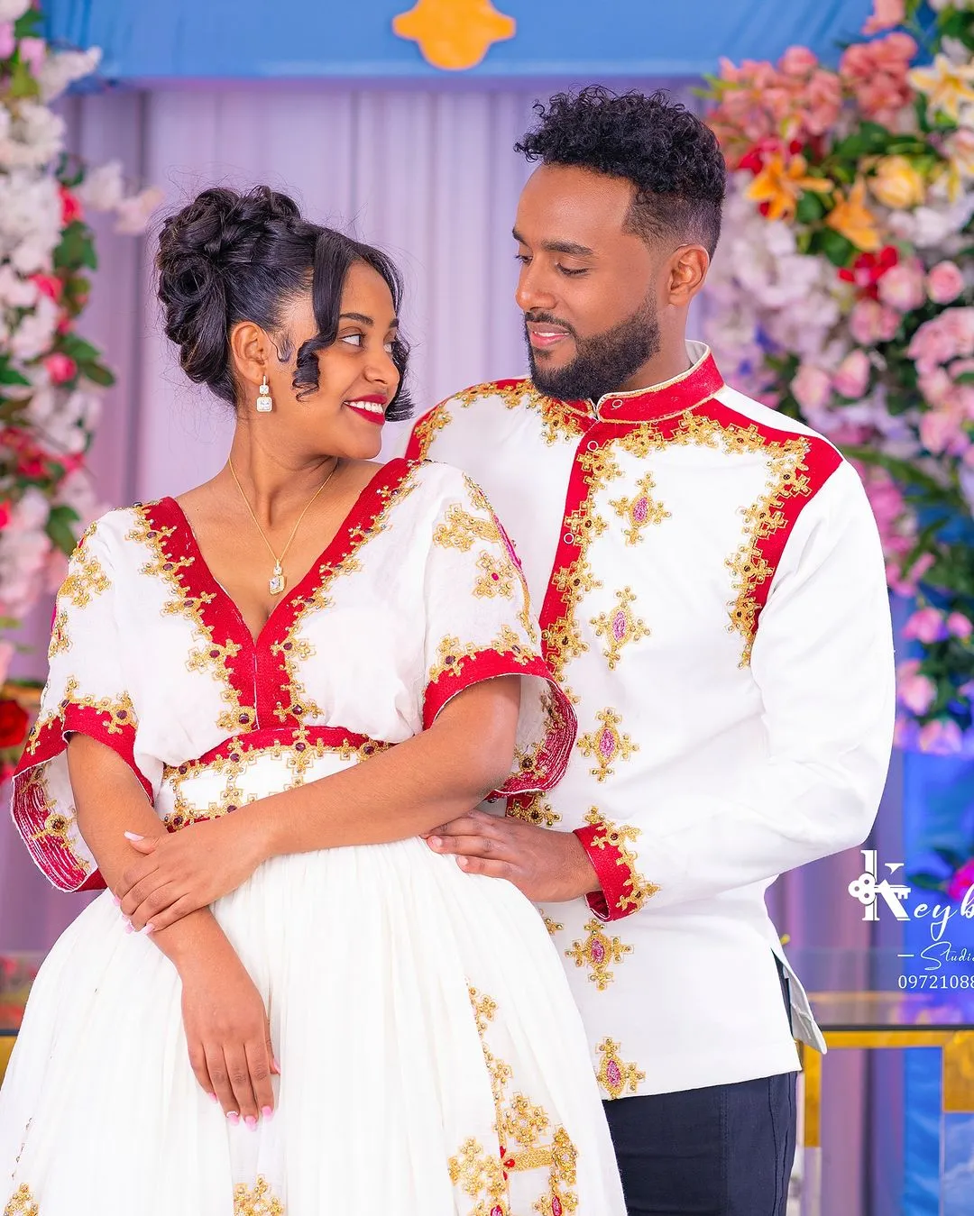 Alluring Red Traditional Ethiopian Couples Outfit: with Golden Handstitched Matching Habesha Couples Outfit