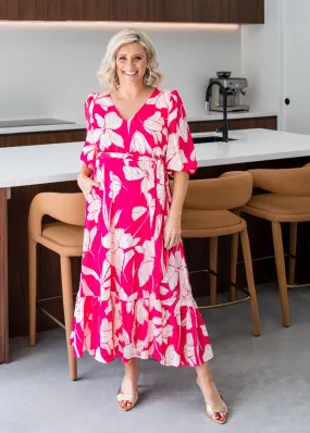 Amelia billow tiered satin dress in Pink print