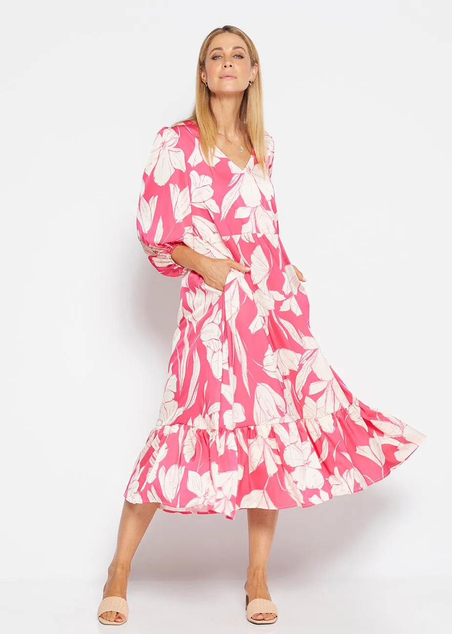 Amelia billow tiered satin dress in Pink print