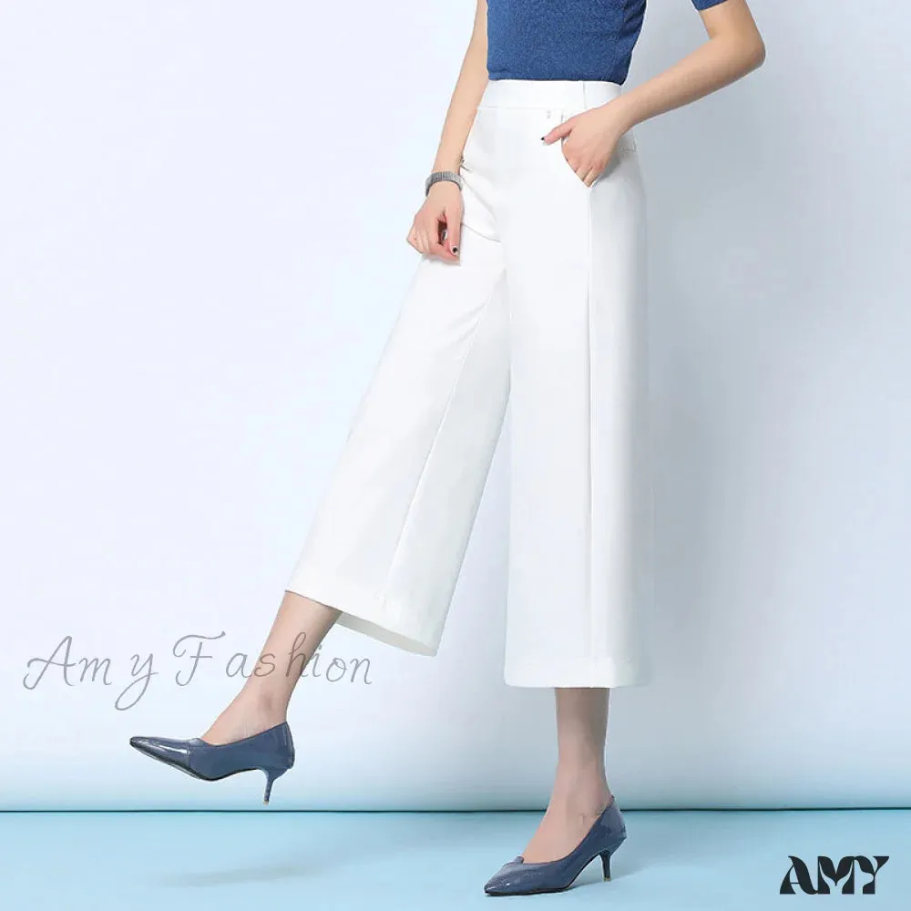 Amy Fashion - White High Waist Wide Leg Capris Pants