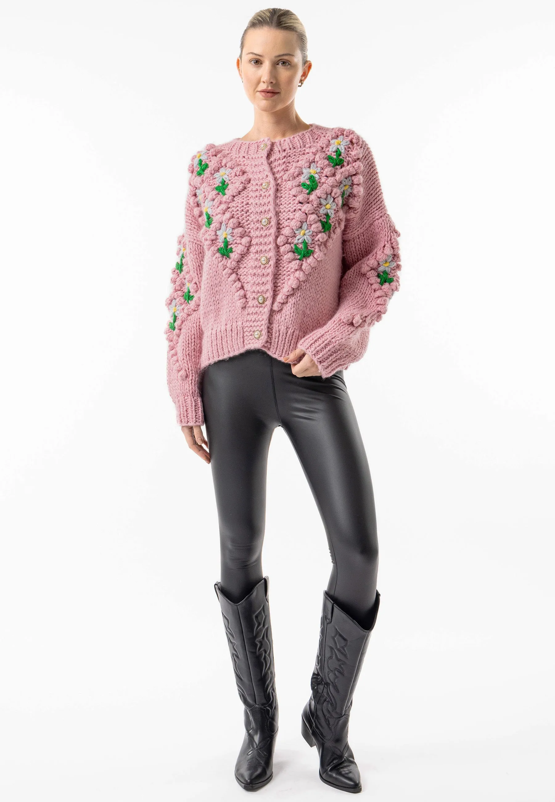 Angeleye Pink Chunky Knit Crew Floral Cardigan