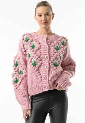 Angeleye Pink Chunky Knit Crew Floral Cardigan