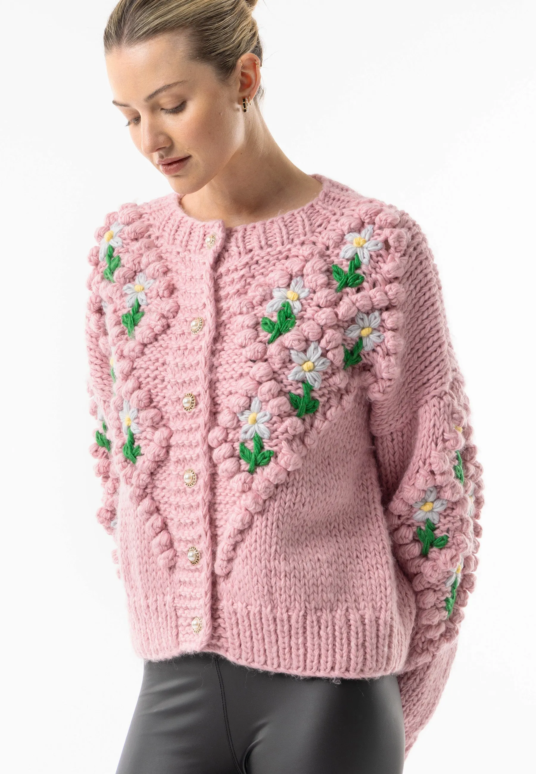 Angeleye Pink Chunky Knit Crew Floral Cardigan