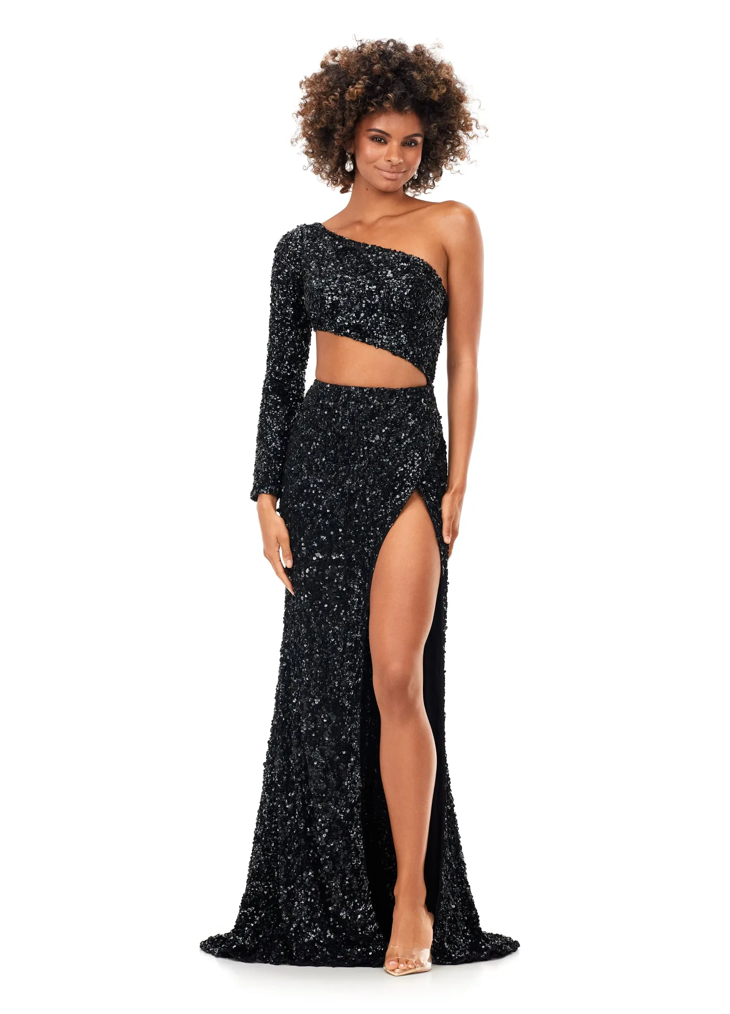 Ashley Lauren 11340 Sequin One Shoulder Gown with Sleeve