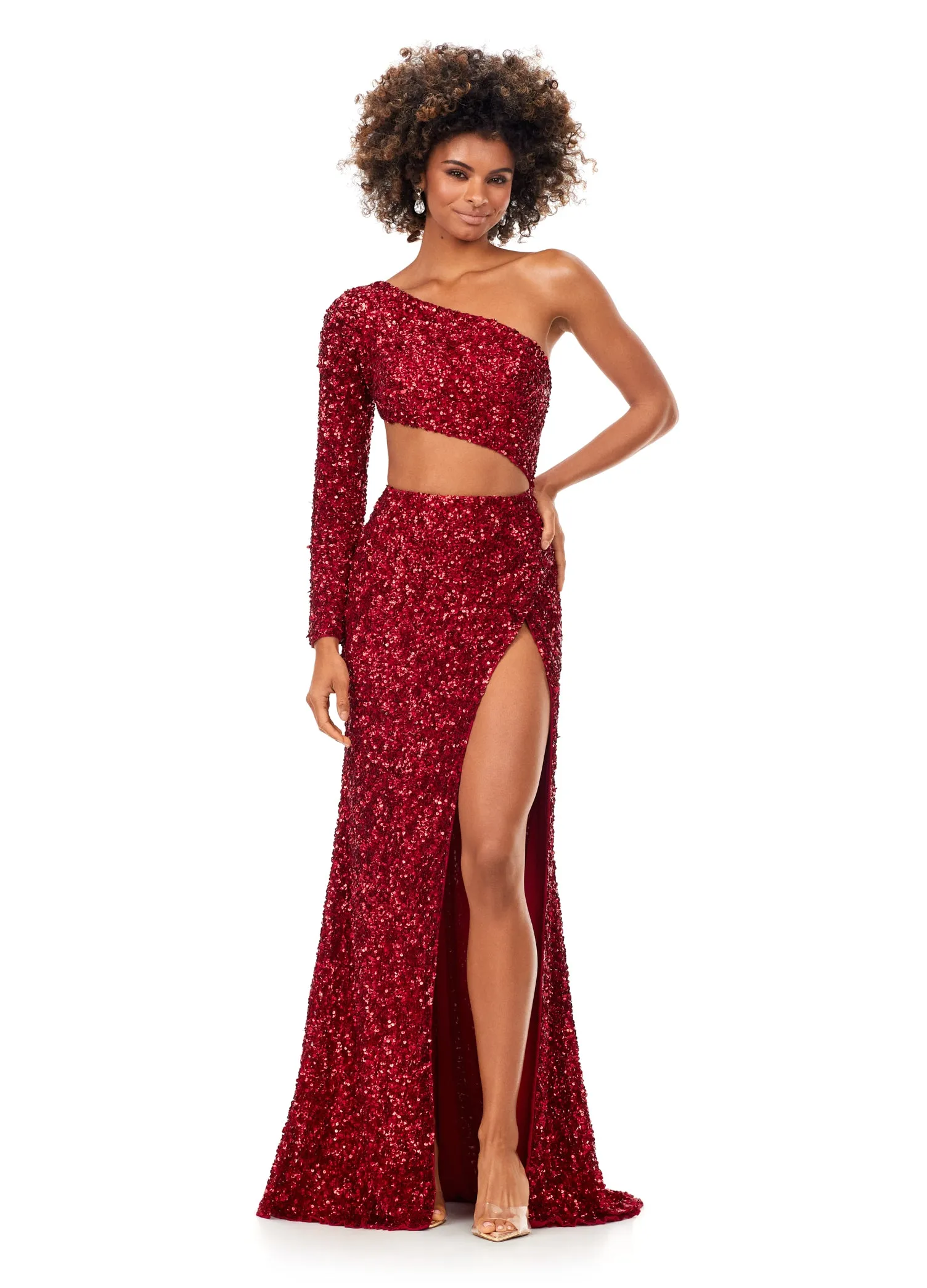 Ashley Lauren 11340 Sequin One Shoulder Gown with Sleeve