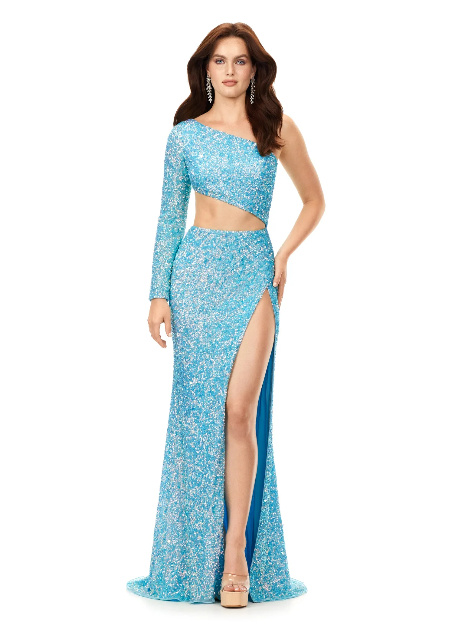 Ashley Lauren 11340 Sequin One Shoulder Gown with Sleeve