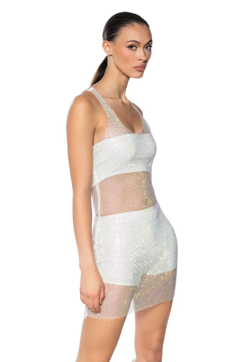 AYLA RHINESTONE MESH MIDI DRESS IN WHITE