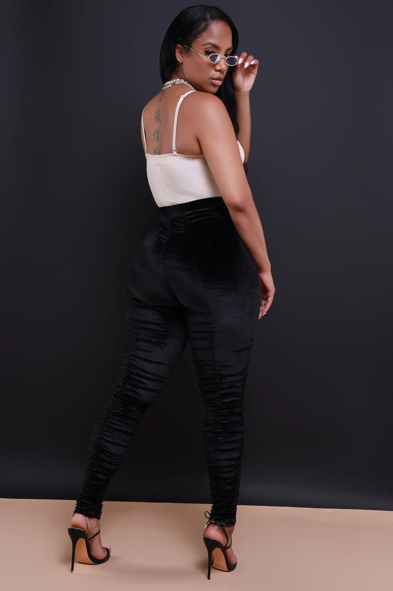 Be Honest Ruched High Waist Pants - Black Velvet Leggings