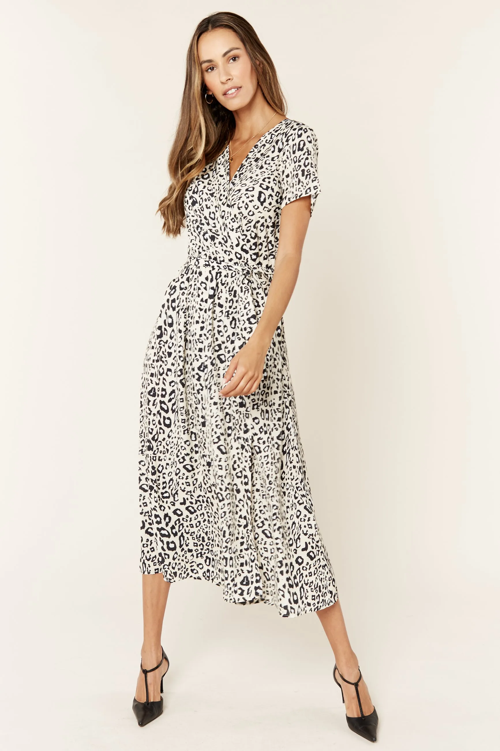 Beige Short Sleeve Animal Print Wrap Midi Dress