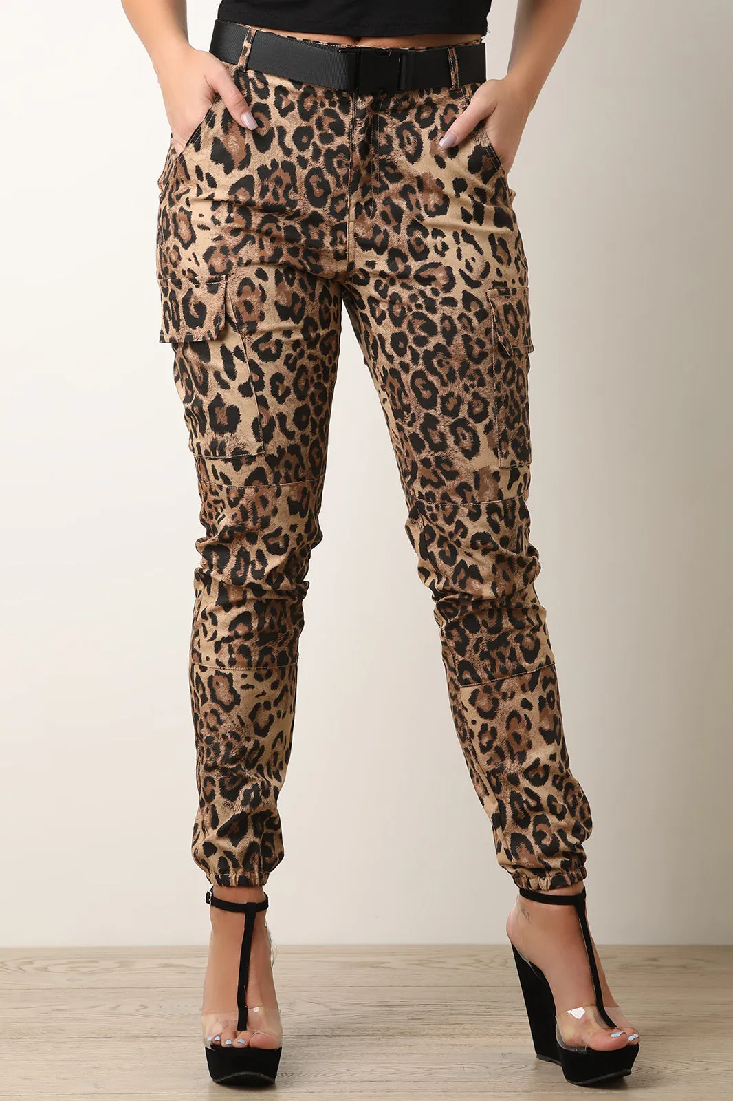 Belted Leopard Cargo Jogger Pants