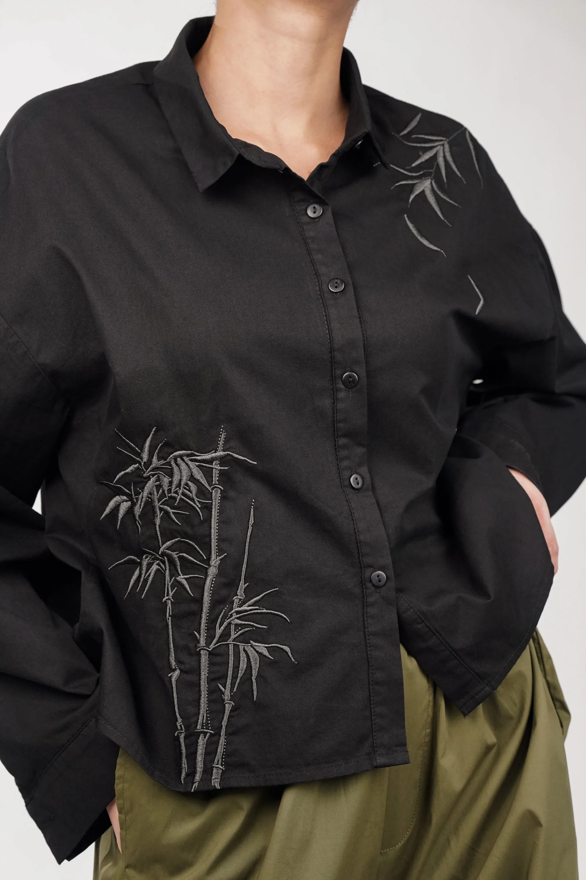 Black Cotton Shirt With Bamboo Embroidery