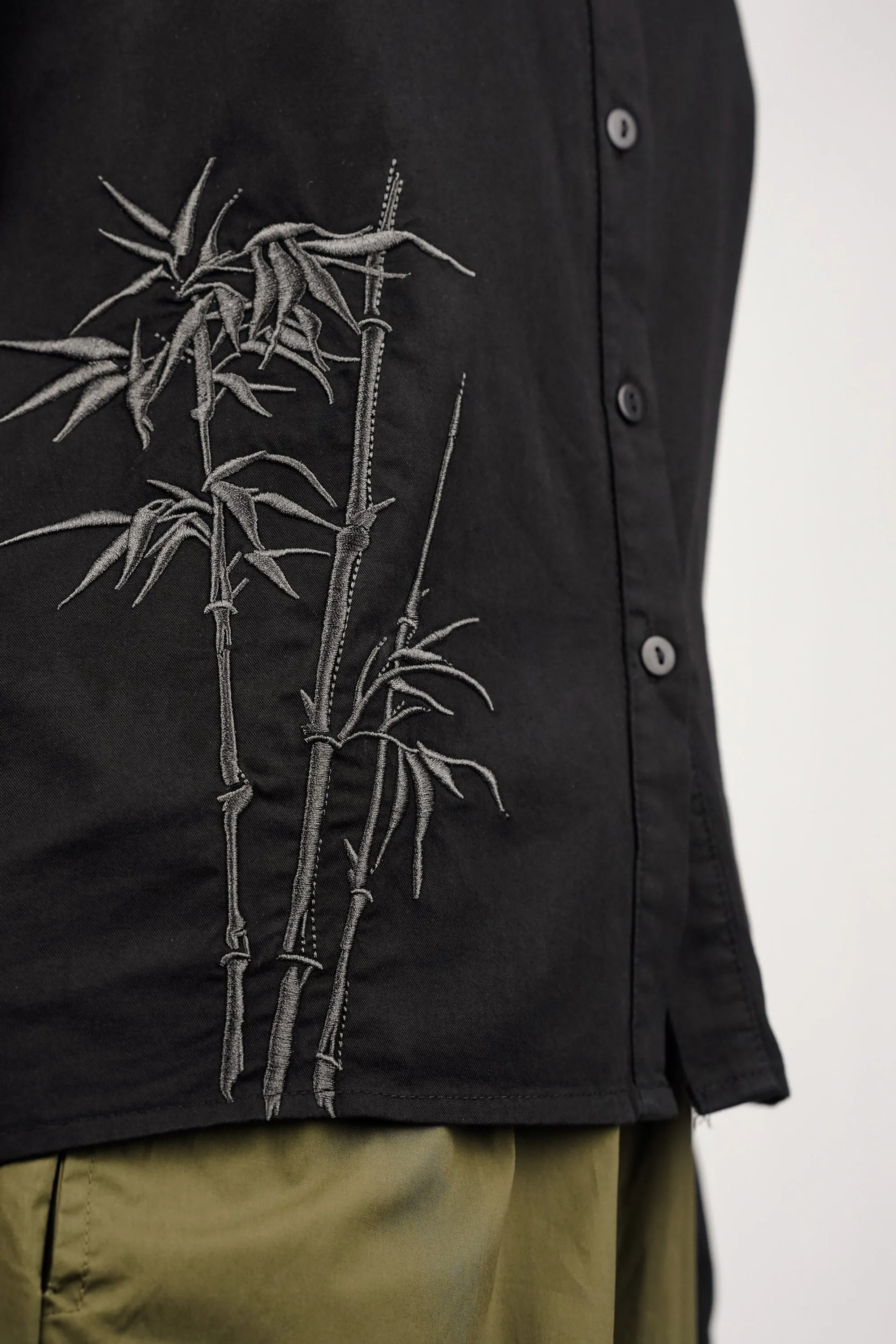 Black Cotton Shirt With Bamboo Embroidery