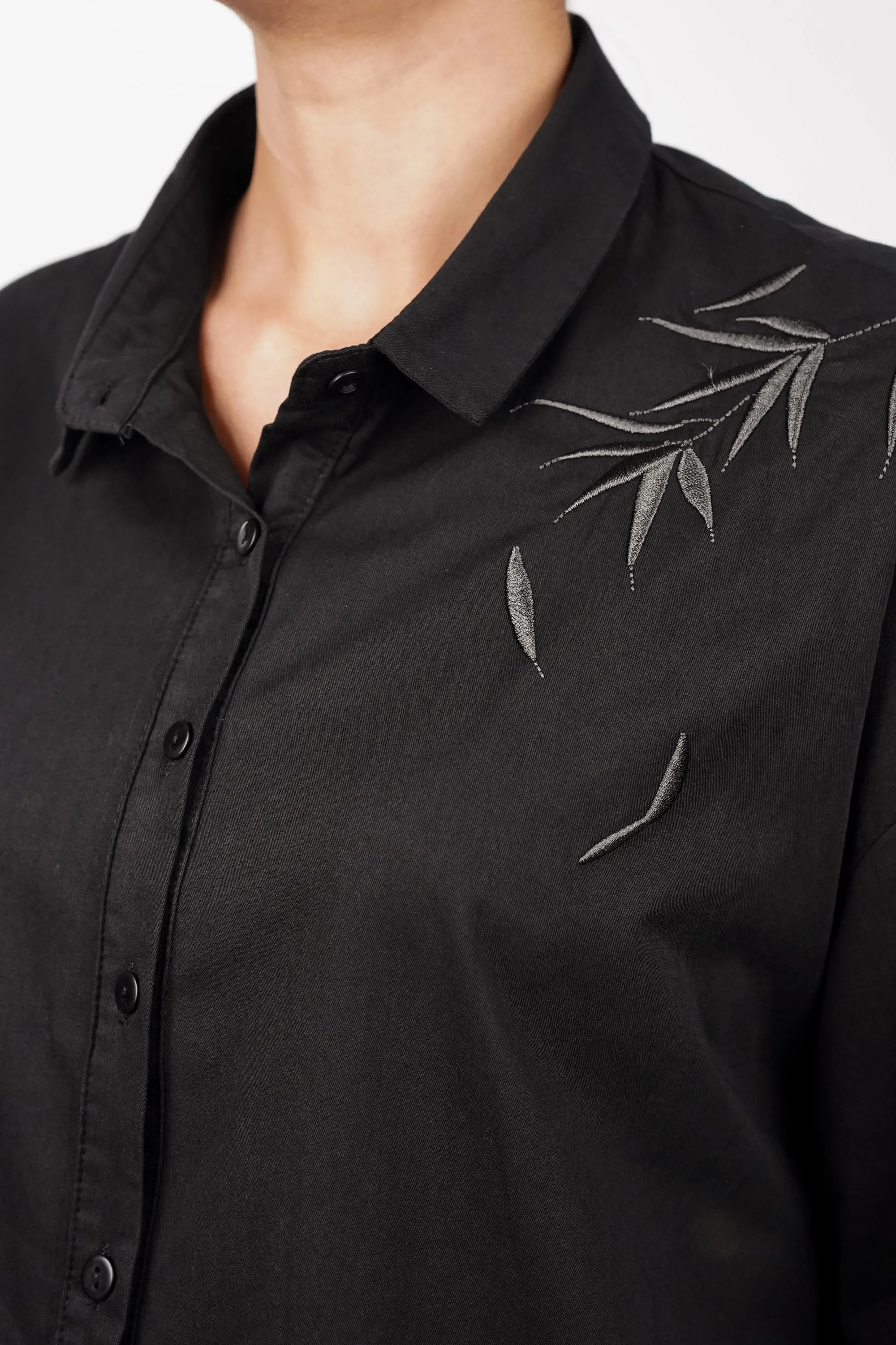 Black Cotton Shirt With Bamboo Embroidery