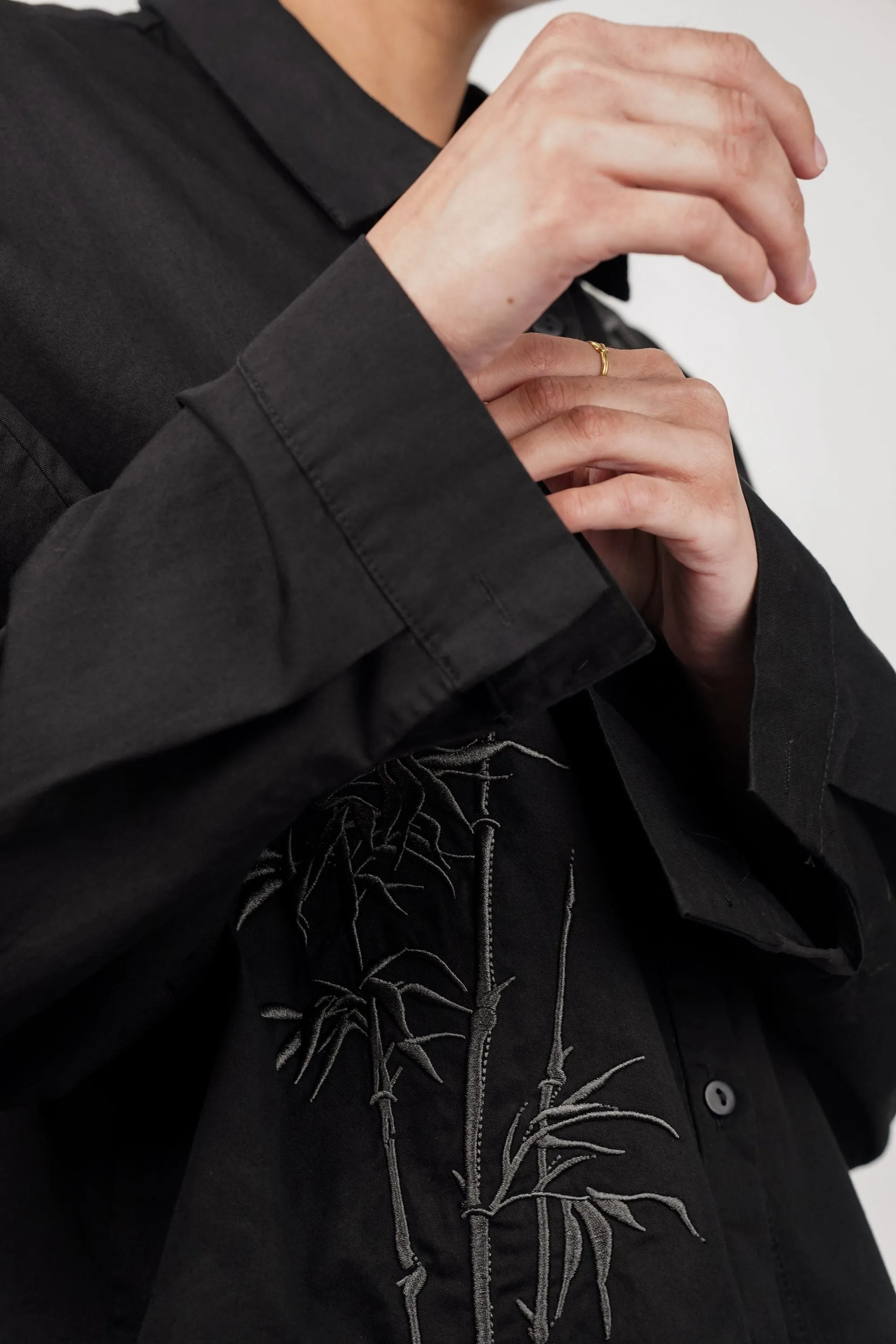 Black Cotton Shirt With Bamboo Embroidery