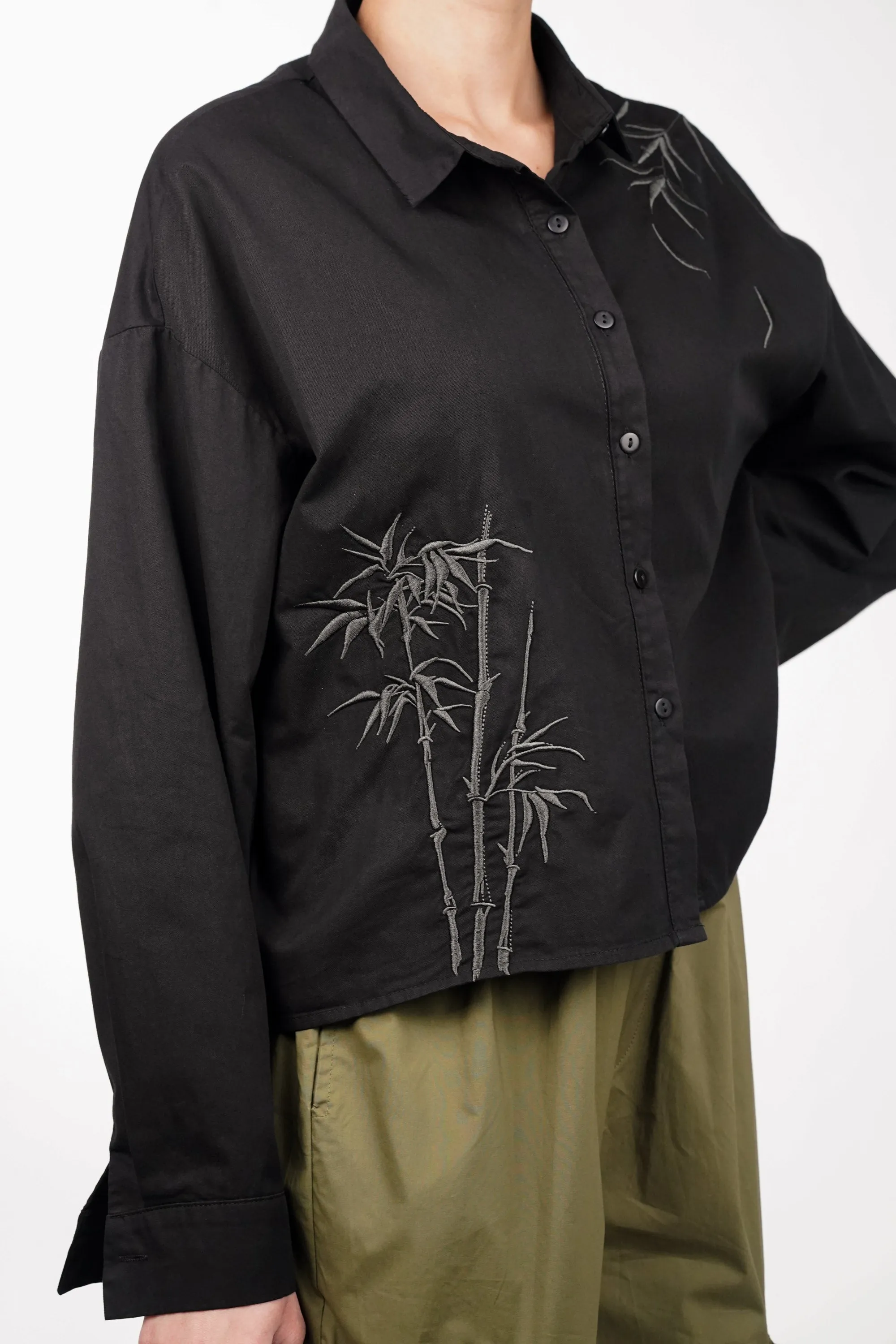 Black Cotton Shirt With Bamboo Embroidery