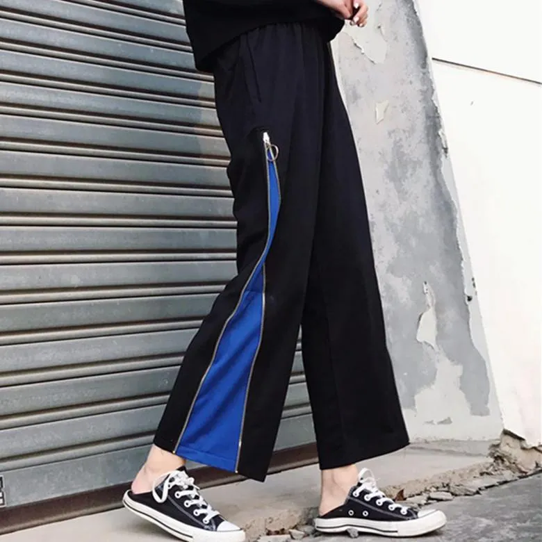 Black Side Zipper Loose Wide Sporty Pants