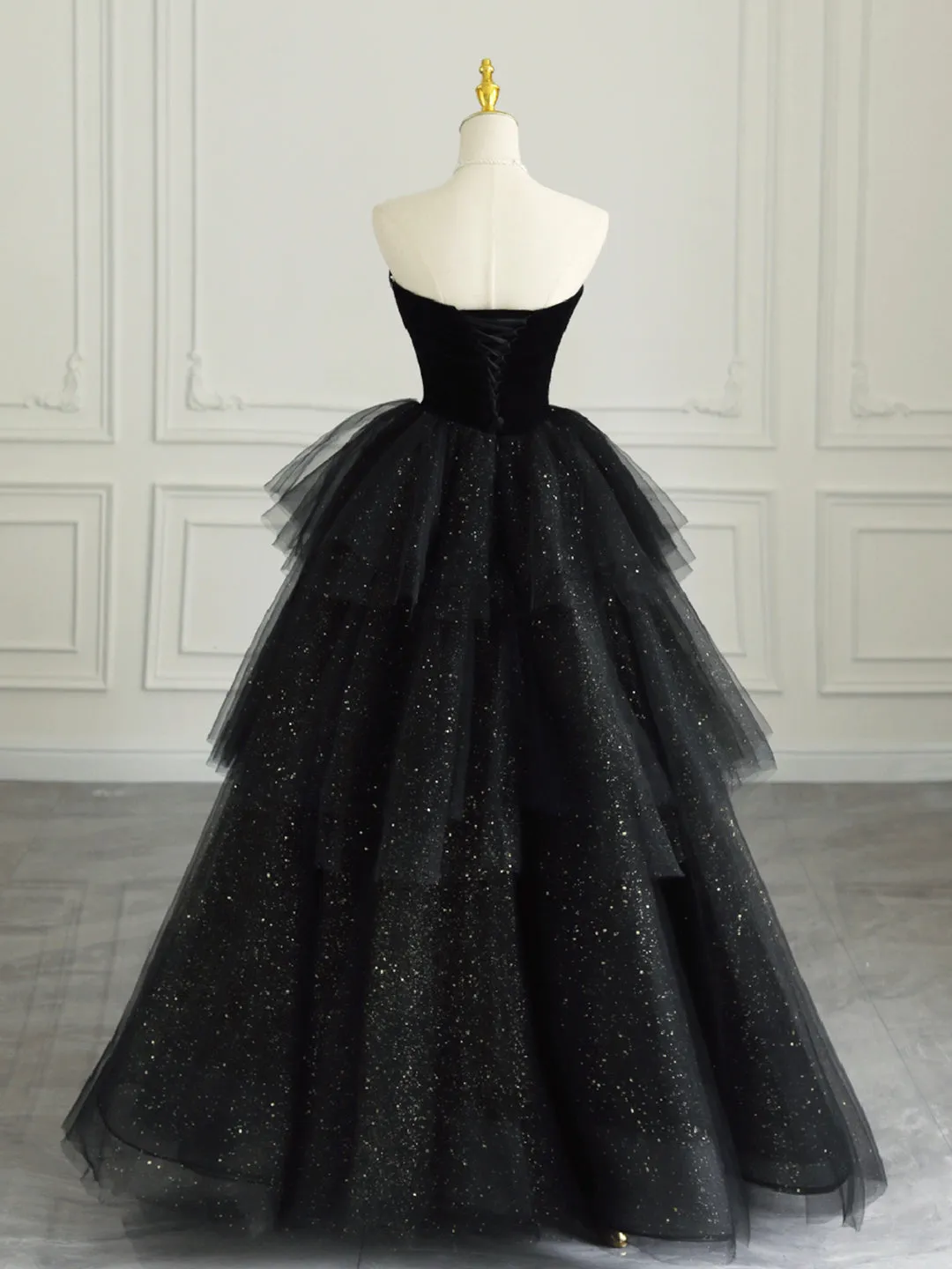 Black Strapless Tulle Formal Dress with Velvet, A-Line Sweetheart Neck Long Prom Dress