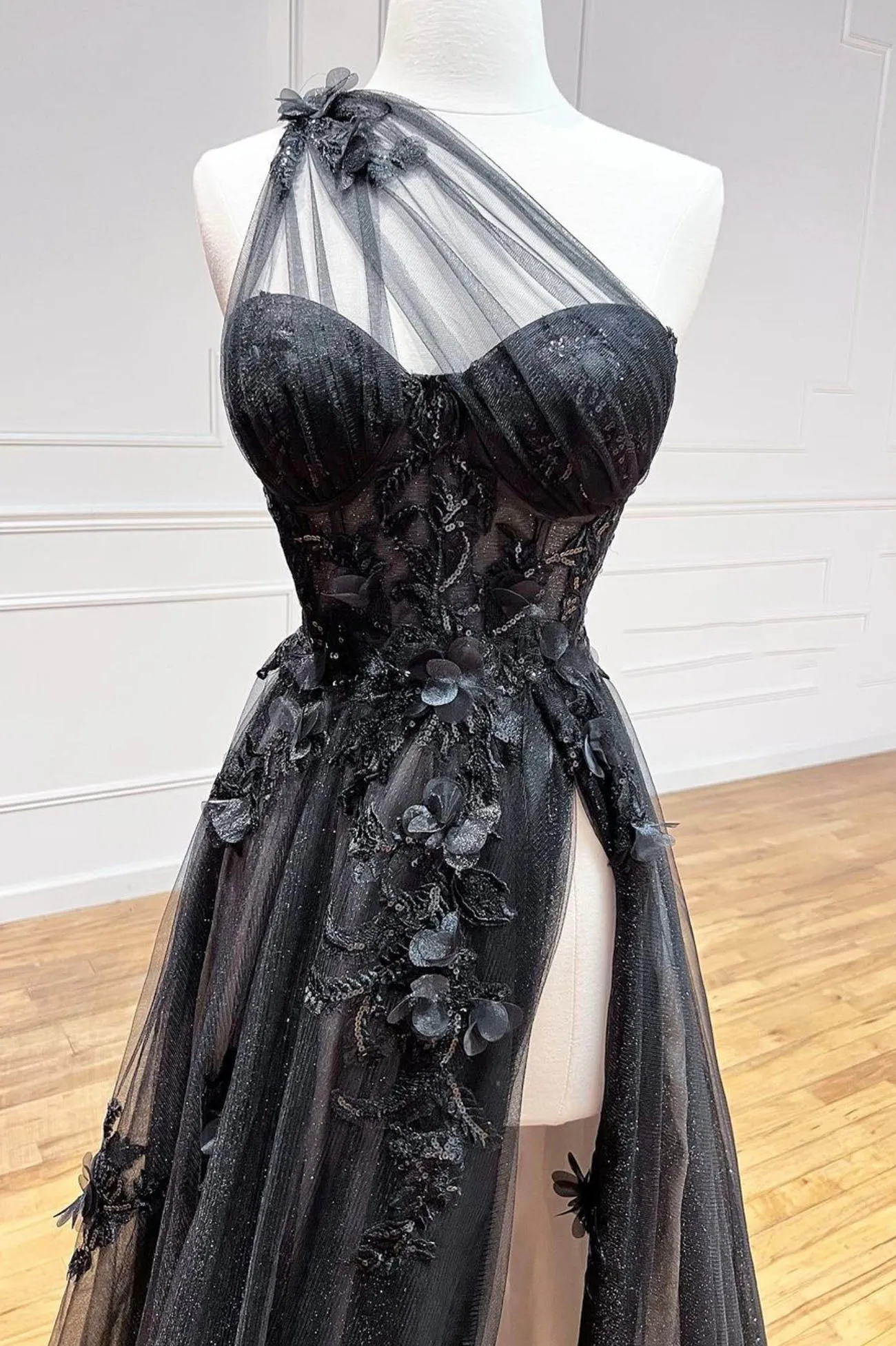 Black Tulle Lace Long Prom Dress, One Shoulder Evening Dress with Slit