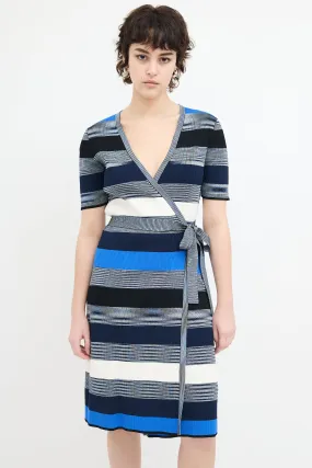 Blue & Multi Knit Stripe Midi Wrap Dress