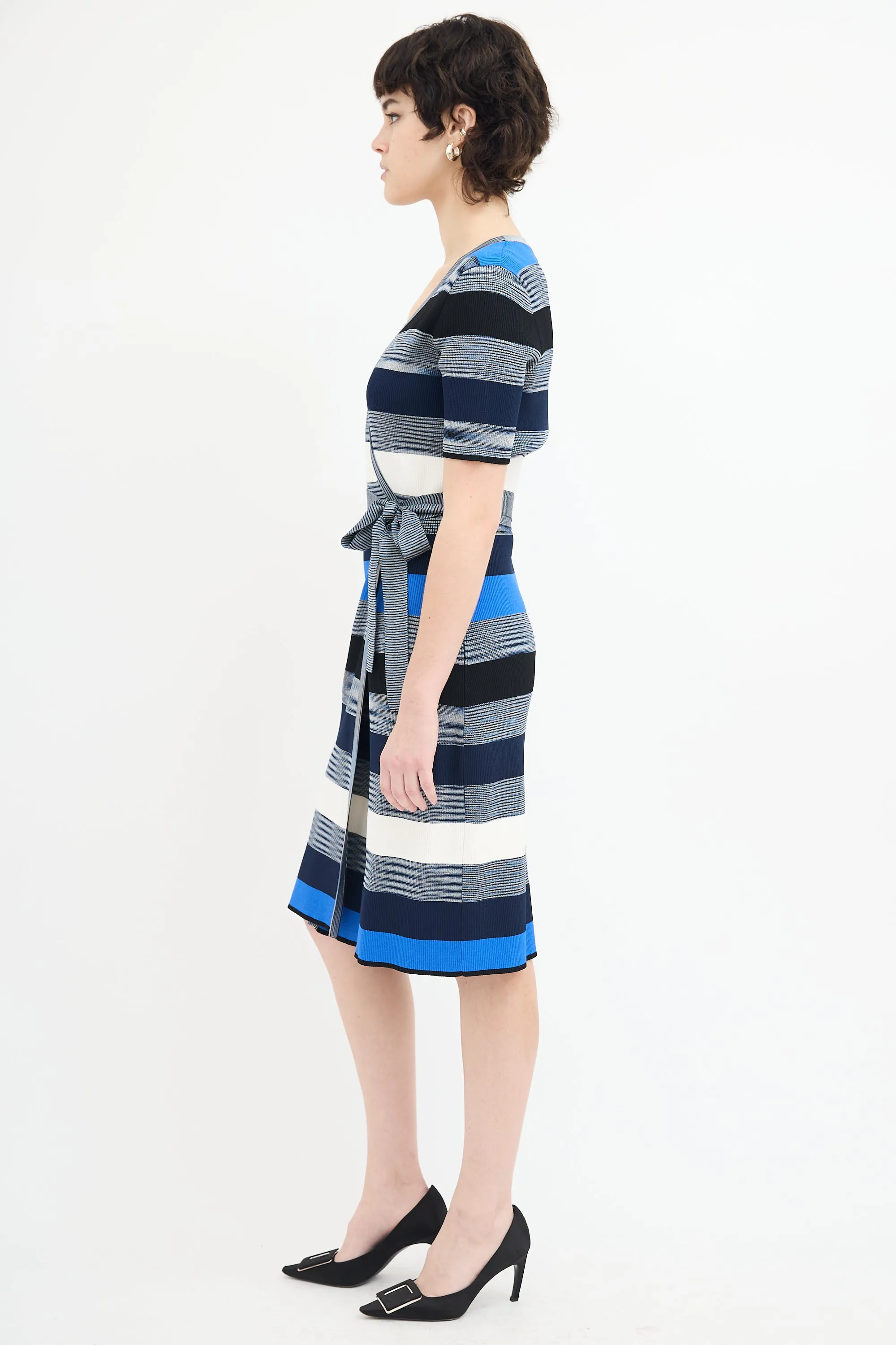 Blue & Multi Knit Stripe Midi Wrap Dress