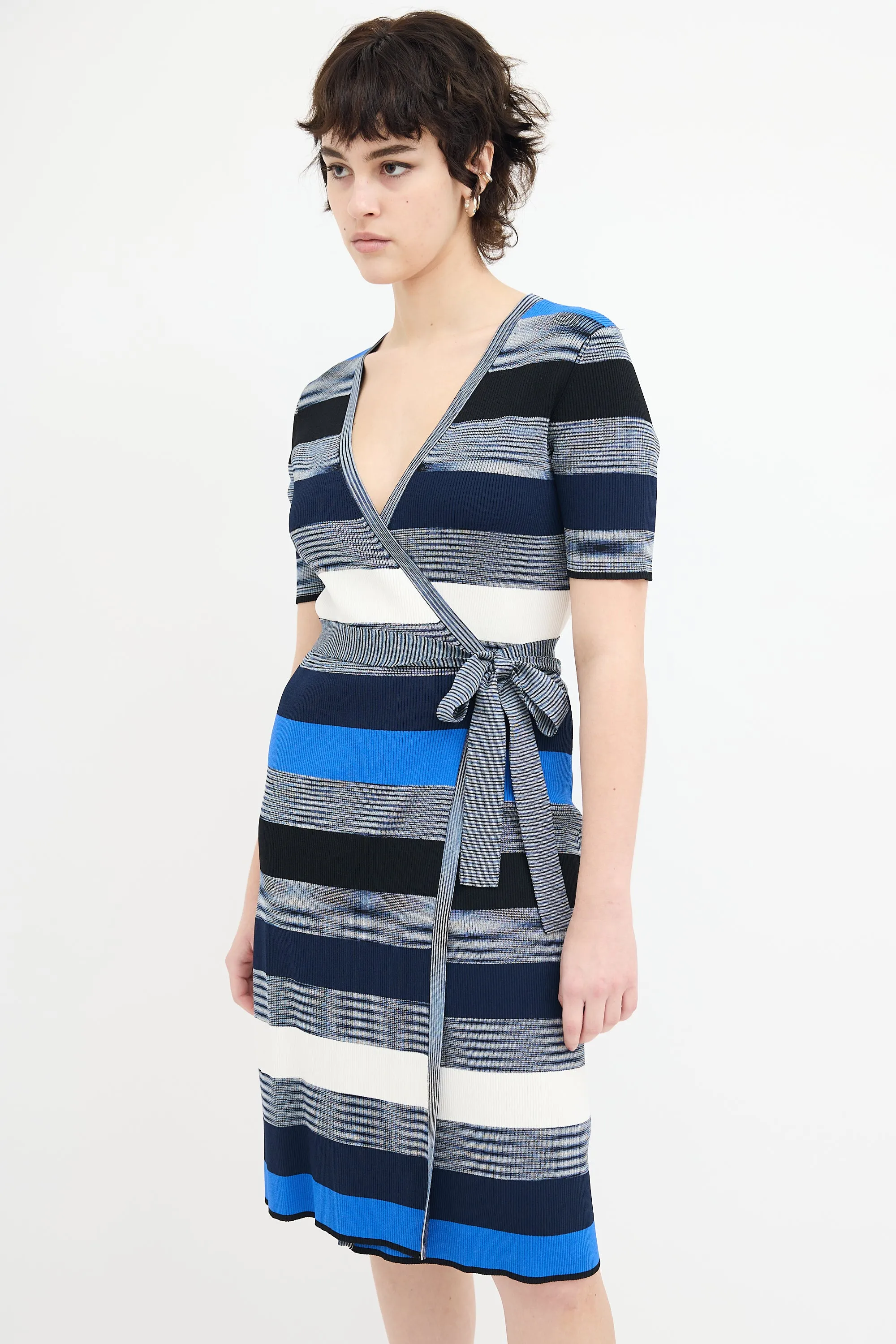 Blue & Multi Knit Stripe Midi Wrap Dress